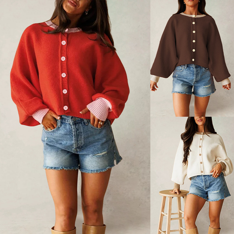 Women's Loose Knit Cardigan Color-Block Long Sleeve