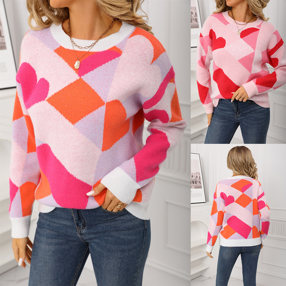 Women's Checkered Heart Crewneck Knit Sweater