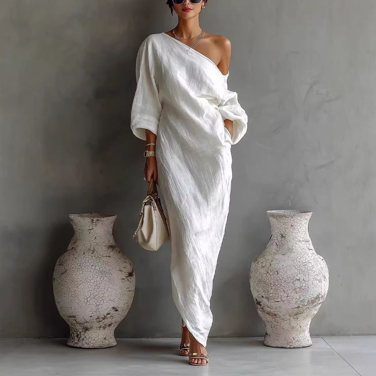Elegant One-Shoulder Long Sleeve Maxi Dress with Asymmetrical Hem