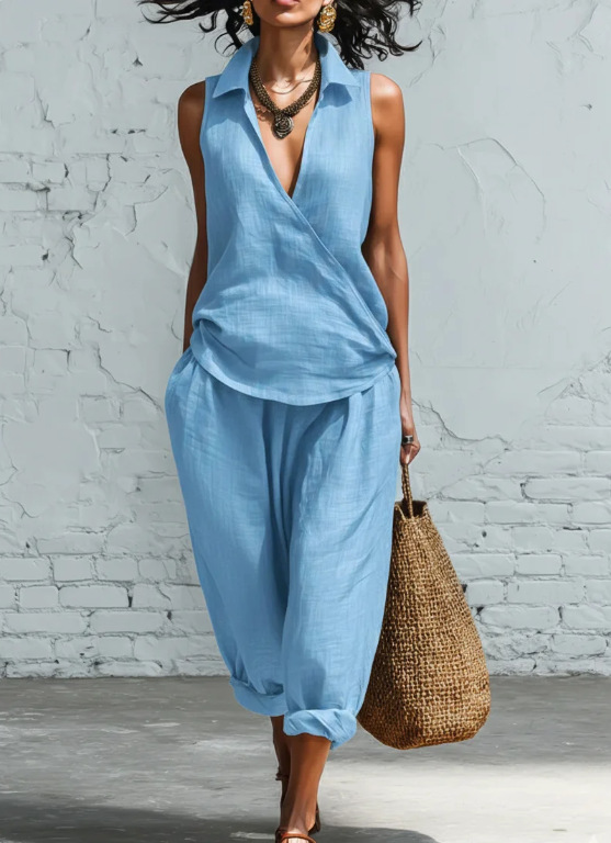 Women's Linen-Blend Collared Shirt and Wide-Leg Pants Two-Piece Set