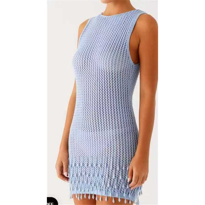 Women's Fringe Beaded Halter Beach Cover-Up Hollow Knit Top