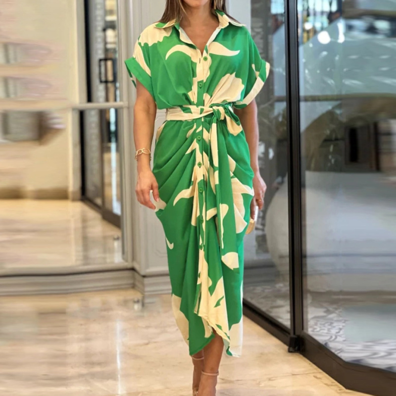Floral Print Collared Short Sleeve High Waist Long Shirt Dress