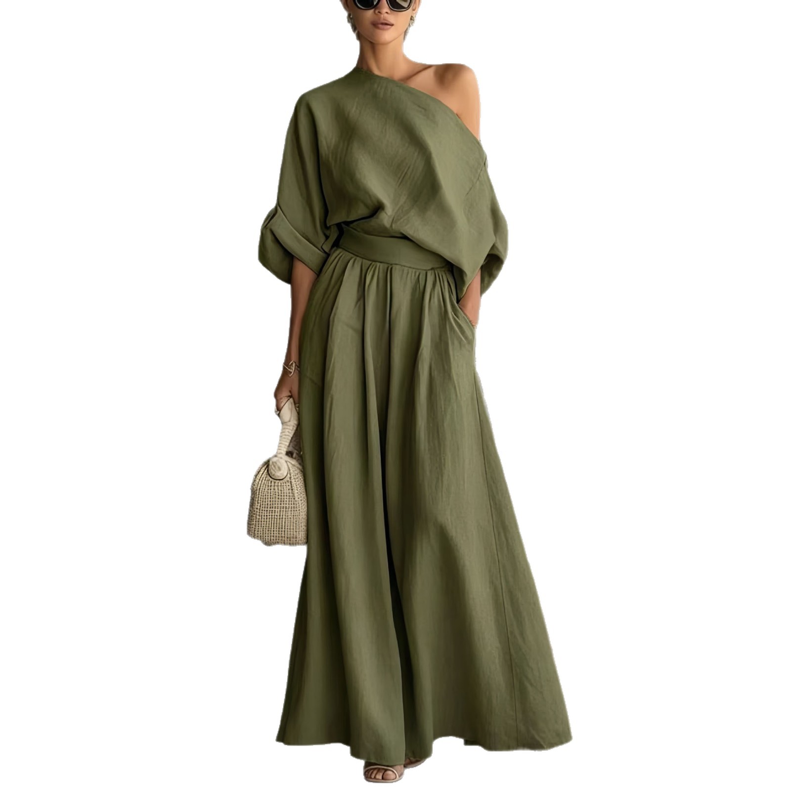 Women's Off-Shoulder Two-Piece Set Solid Color Pocket Wide-Leg Pants Casual Loose Fit