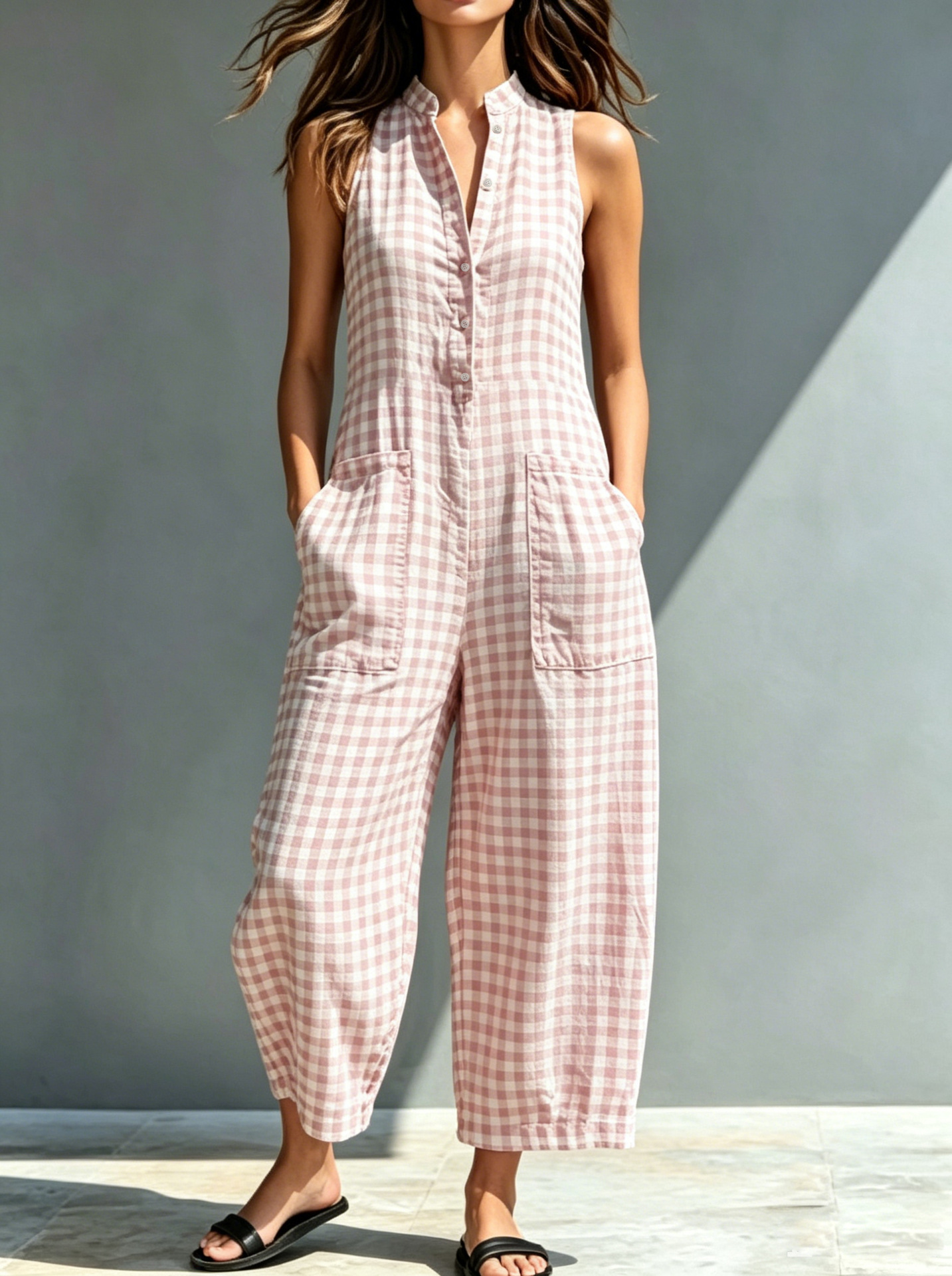 Women's Sleeveless Stand Collar Pocket Jumpsuit