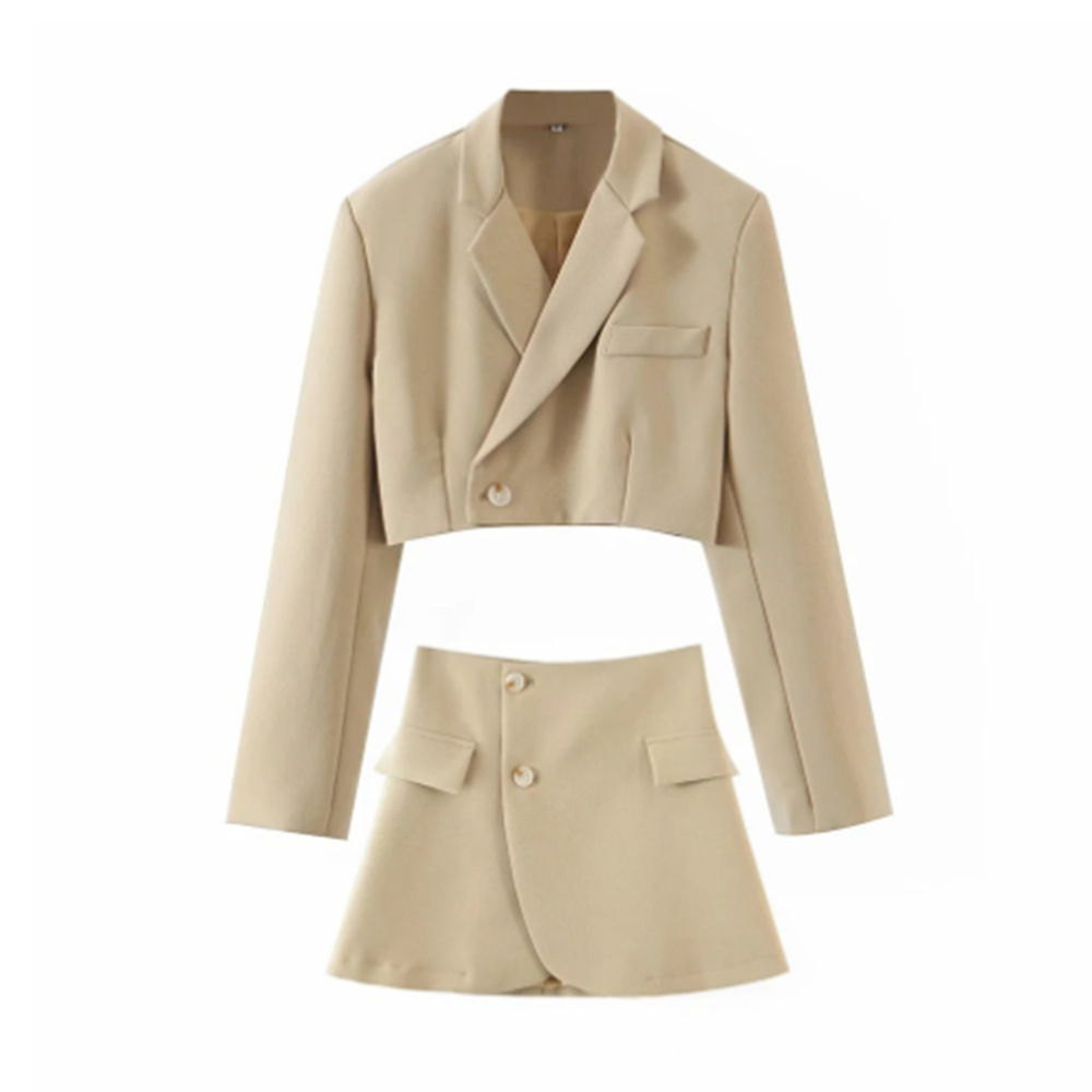 Women's Gray Blazer and Skirt Set Long Sleeve Commuter Two-Piece