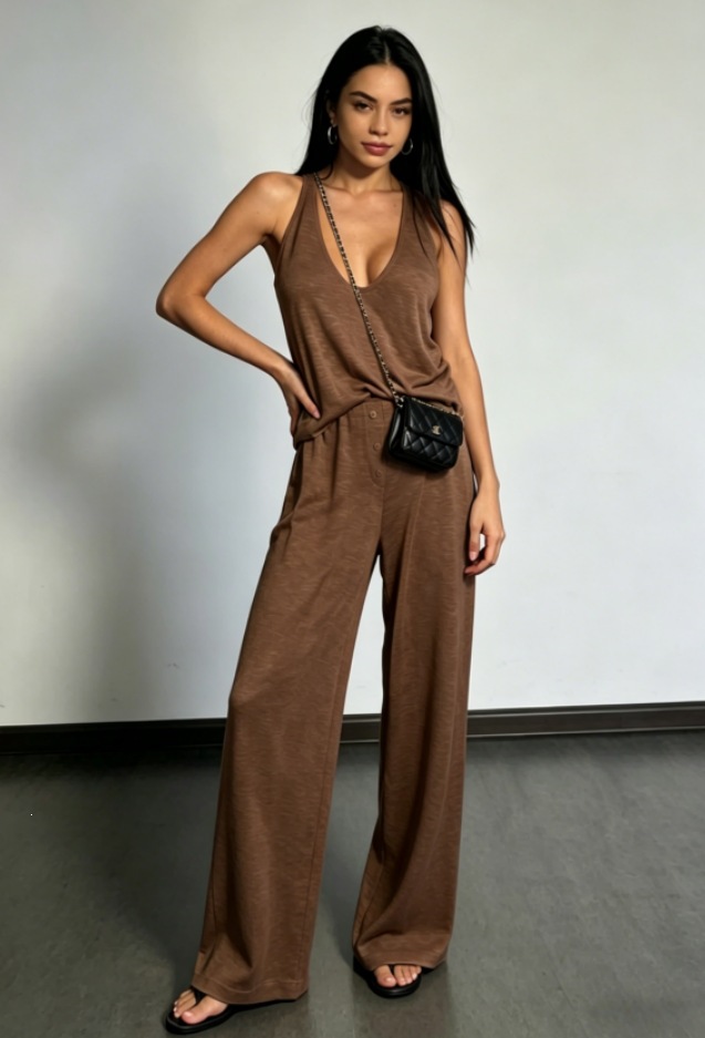 Women's Sleeveless Top and Straight-Leg Pants Two-Piece Set Solid Color