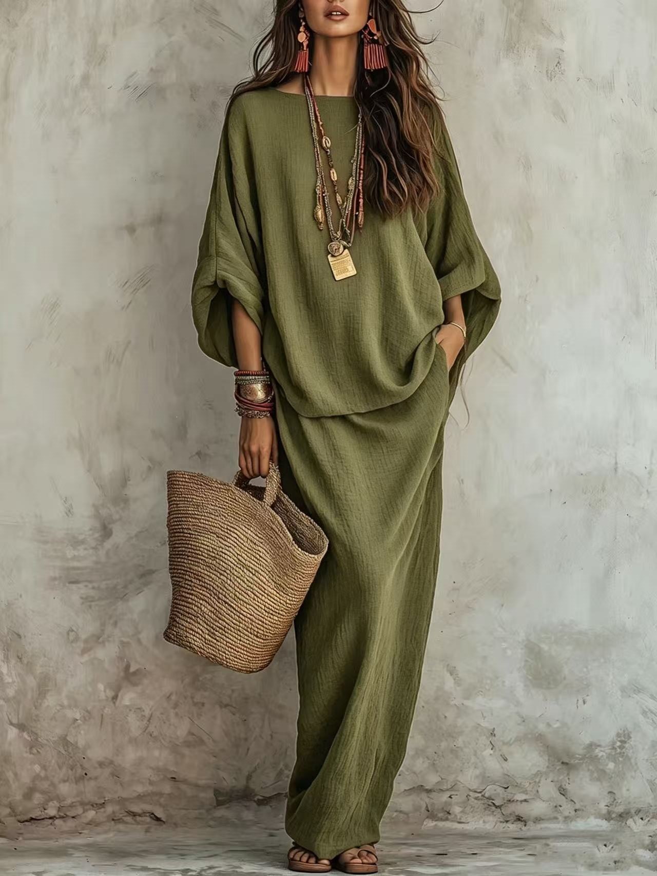 Women's Solid Color Long Skirt Two-Piece Set Casual Loose Fit