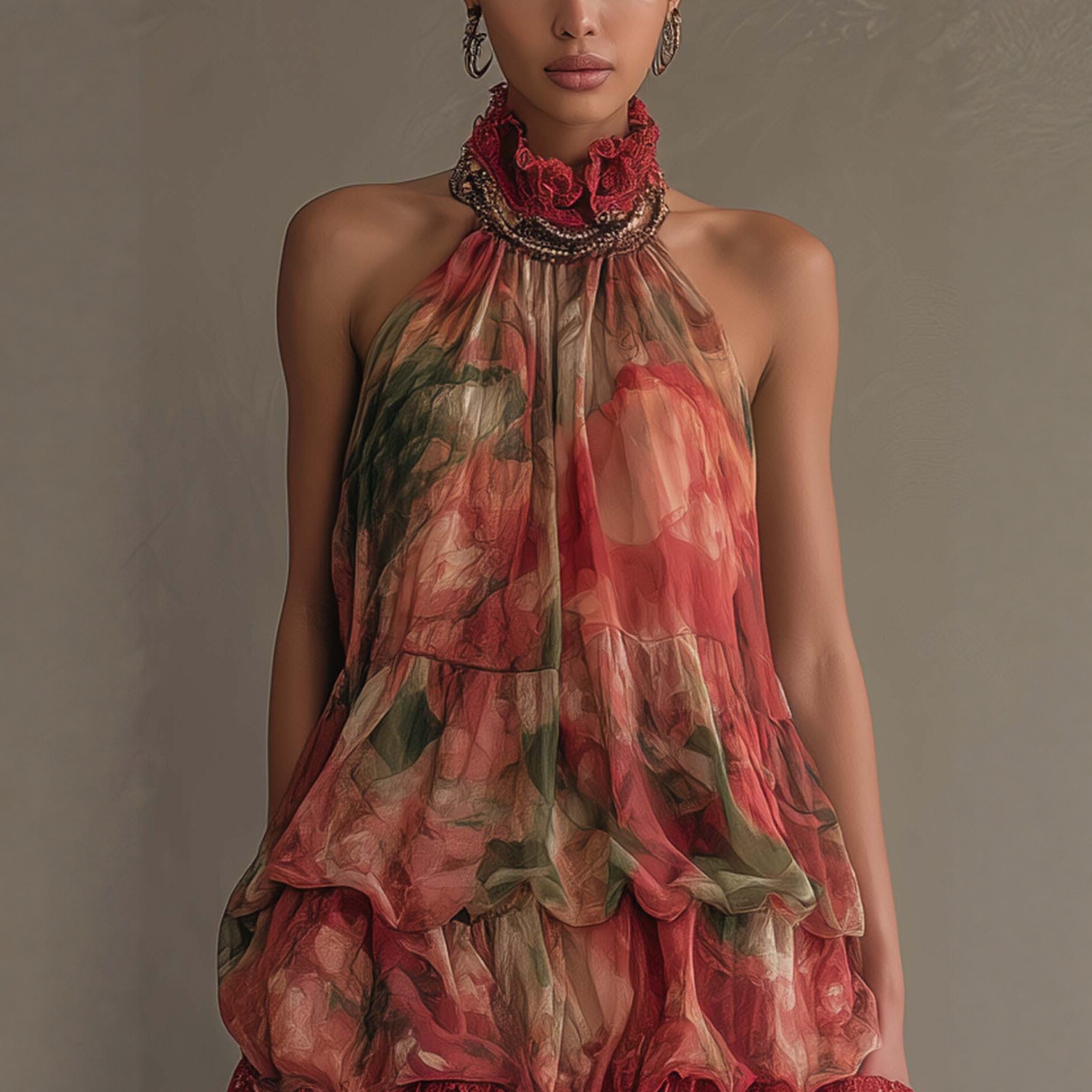 Women's Halter Neck Floral Print Lace Spliced Cami Dress Short