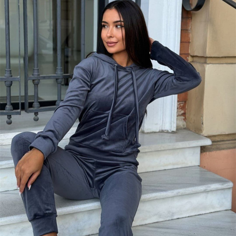 Women's Velvet Hooded Pullover Top and Elastic Waist Pants Two-Piece Set