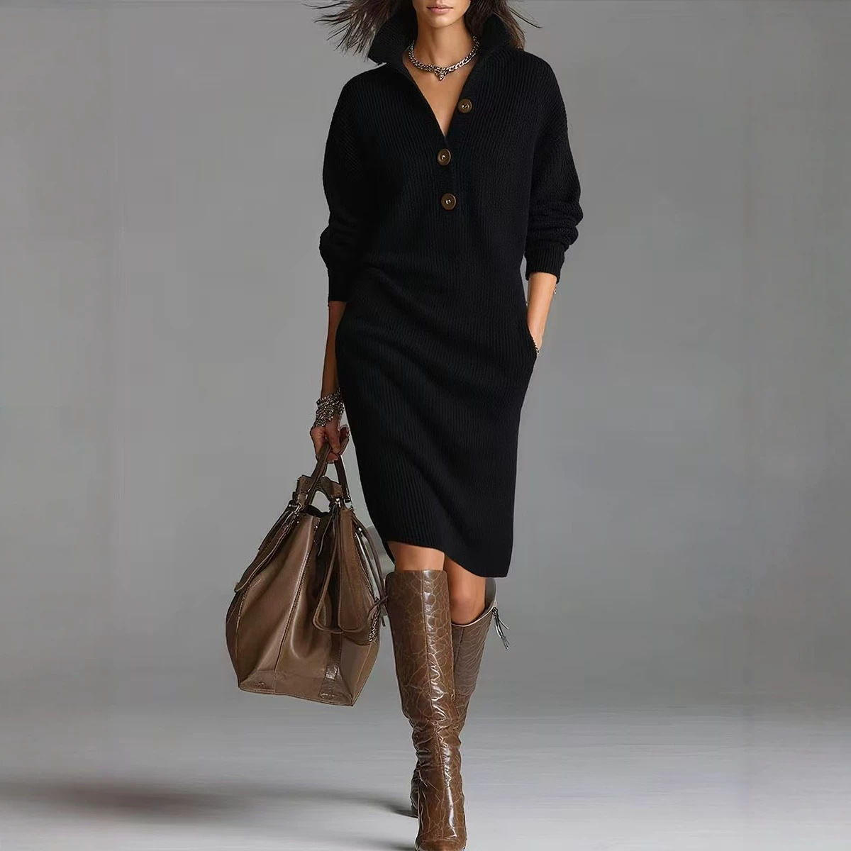 Women's Oversized Long Knit Sweater Dress Solid Color