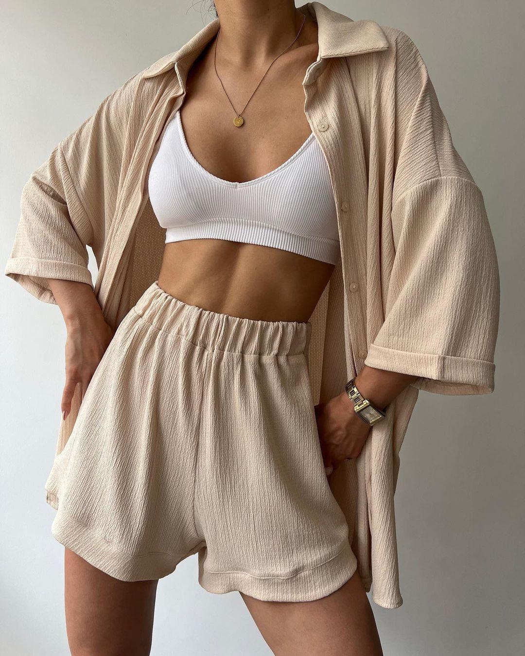 Women's Split Front Midi Sleeve Shirt and Shorts Set