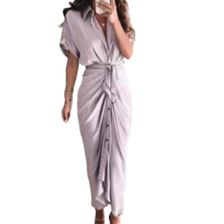Elegant Short Sleeve Solid Knot High Waist A-Line Long Dress