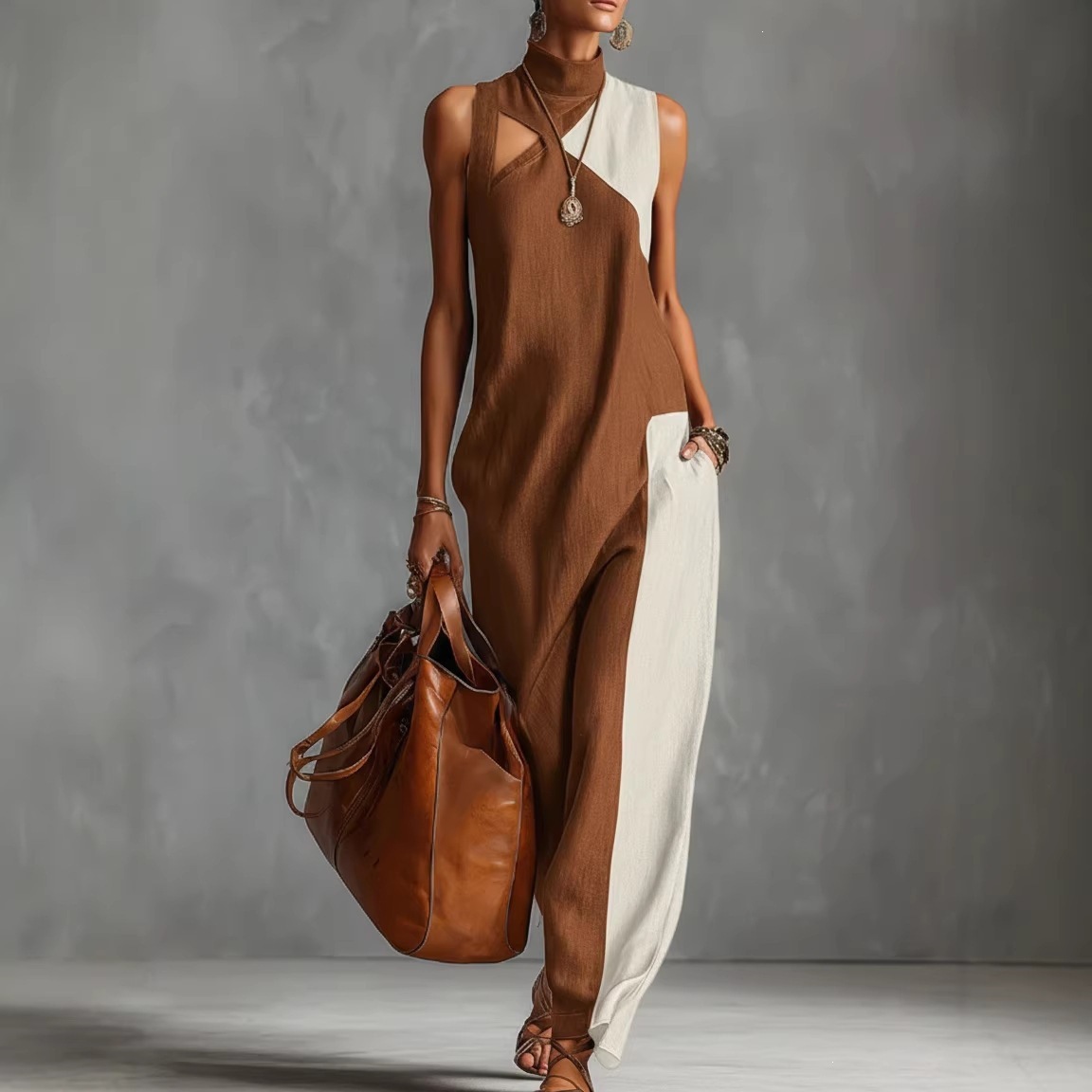 Colorblock Halter Neck Cutout Sleeveless Jumpsuit with Side Pockets