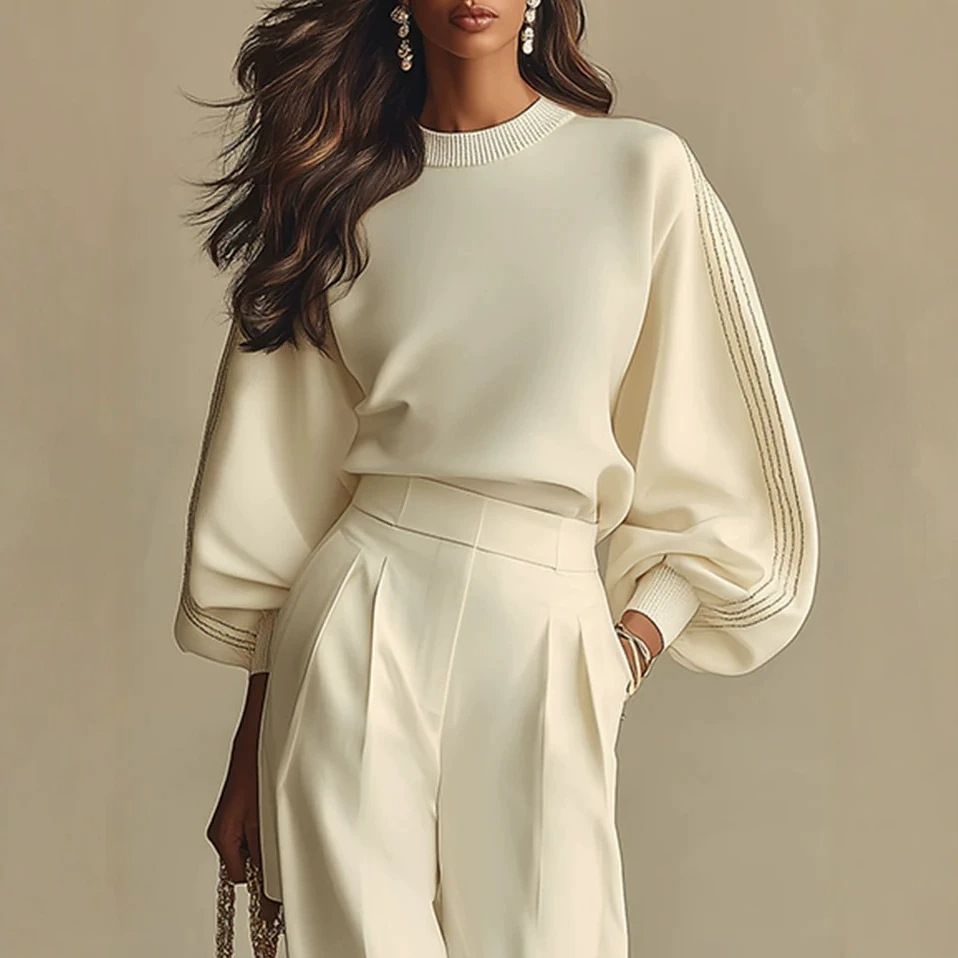 Off-White Knit Top and High-Waist Wide-Leg Pants Set