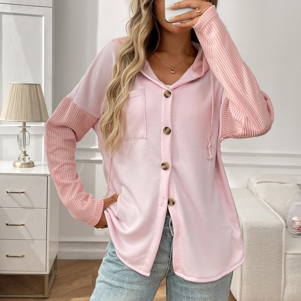 Women's Hooded Sweatshirt with Knit Splicing Casual Jacket