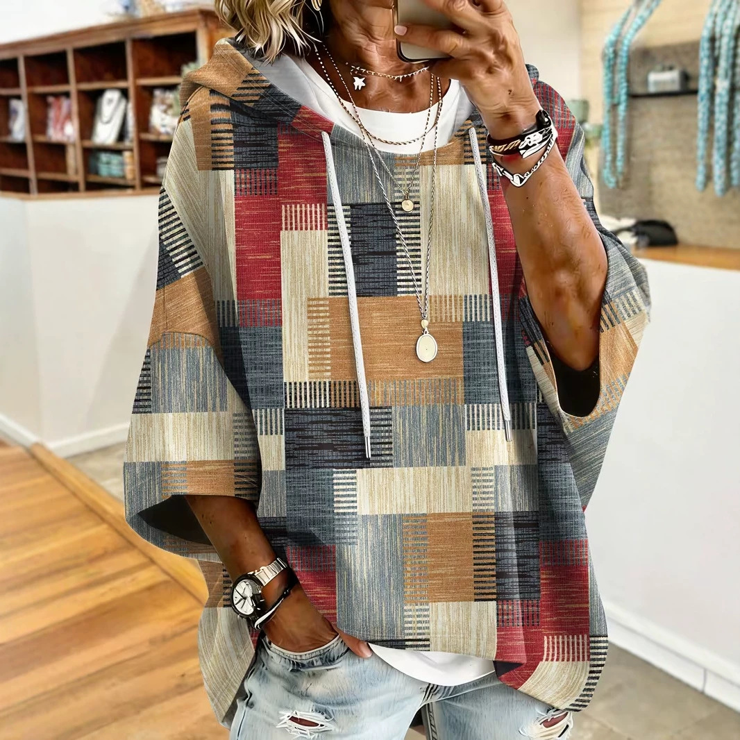 Women's Plaid Colorblock Print Casual Hoodie