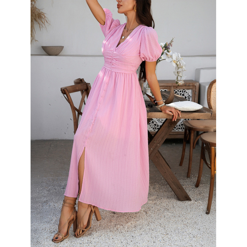 V-Neck High-Waist Short-Sleeve Slit Dress