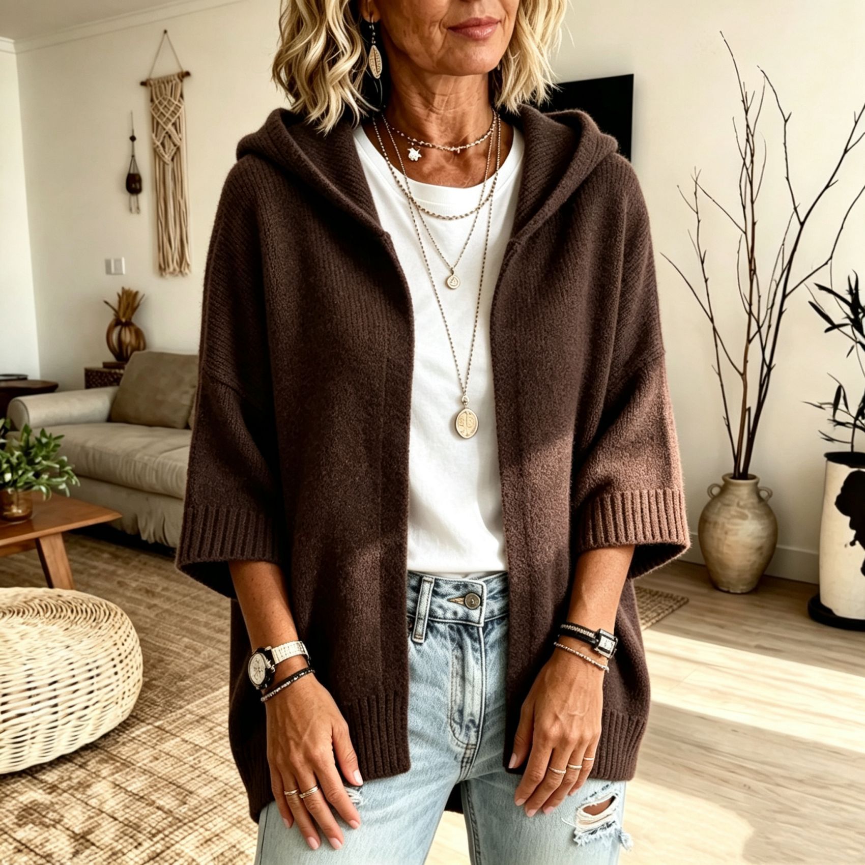 Women's 3/4 Sleeve Hooded Open-Front Knit Cardigan Solid Color Plus Size