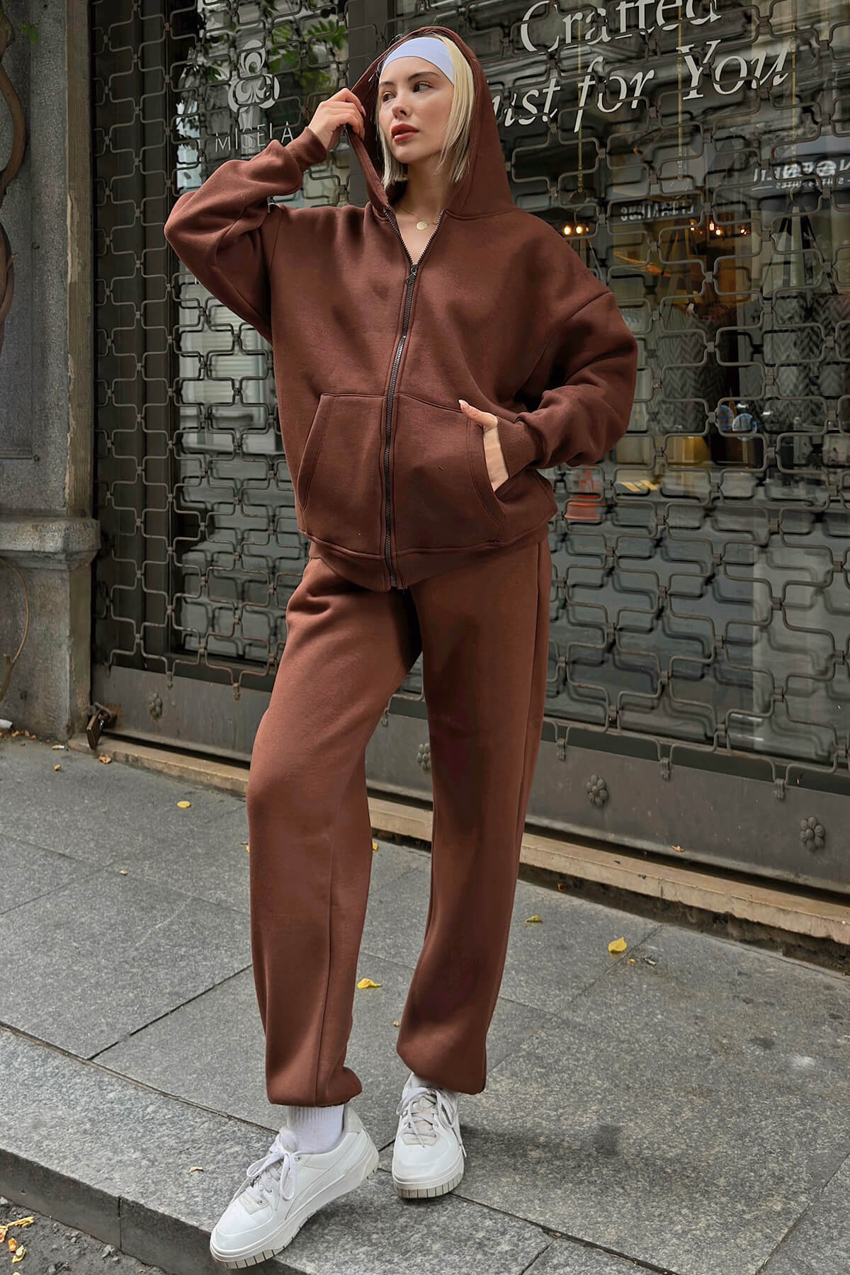 Women's Hooded Long Sleeve Cardigan Jogger Two-Piece Tracksuit Set