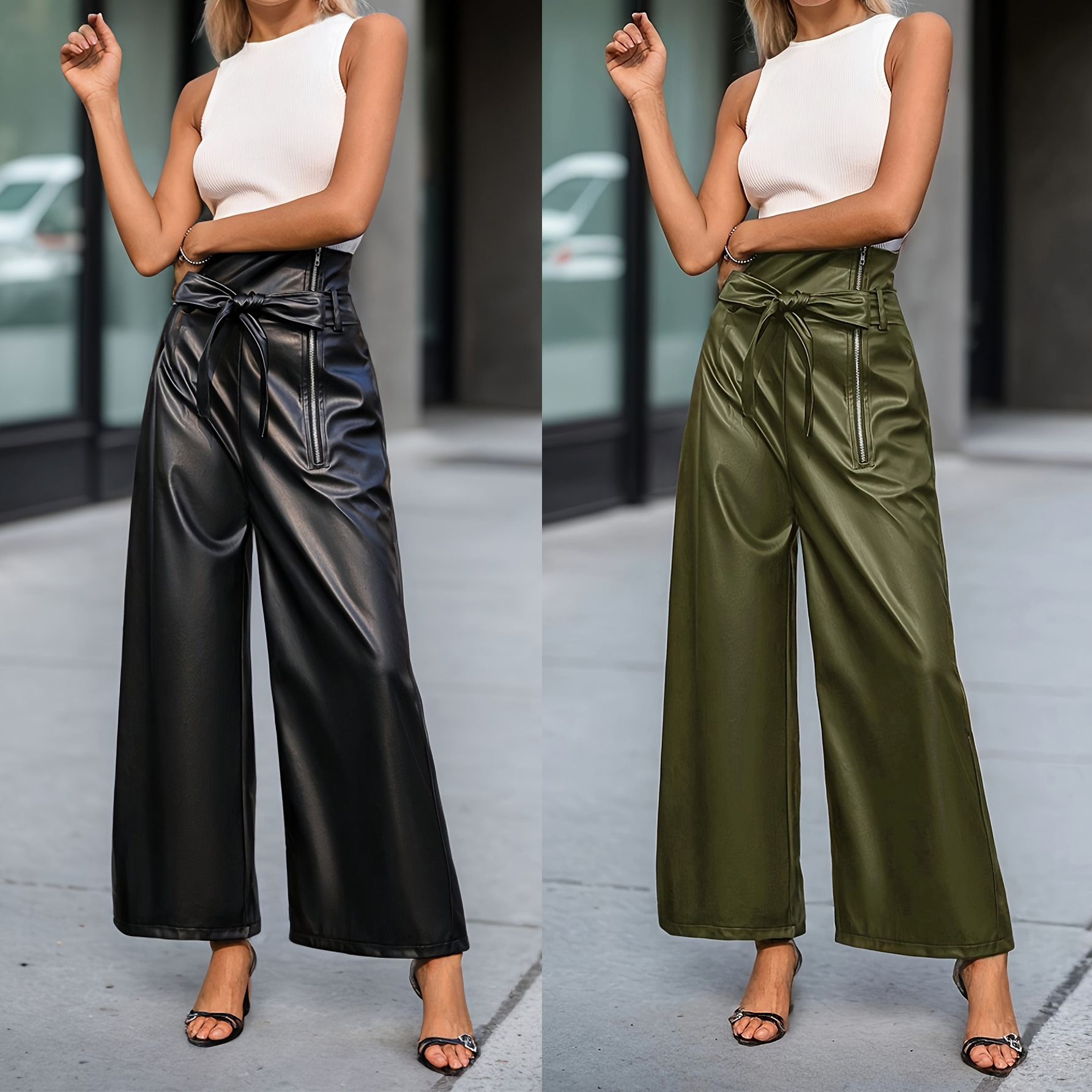 Women's High-Waist Wide-Leg PU Leather Pants with Belt and Zipper