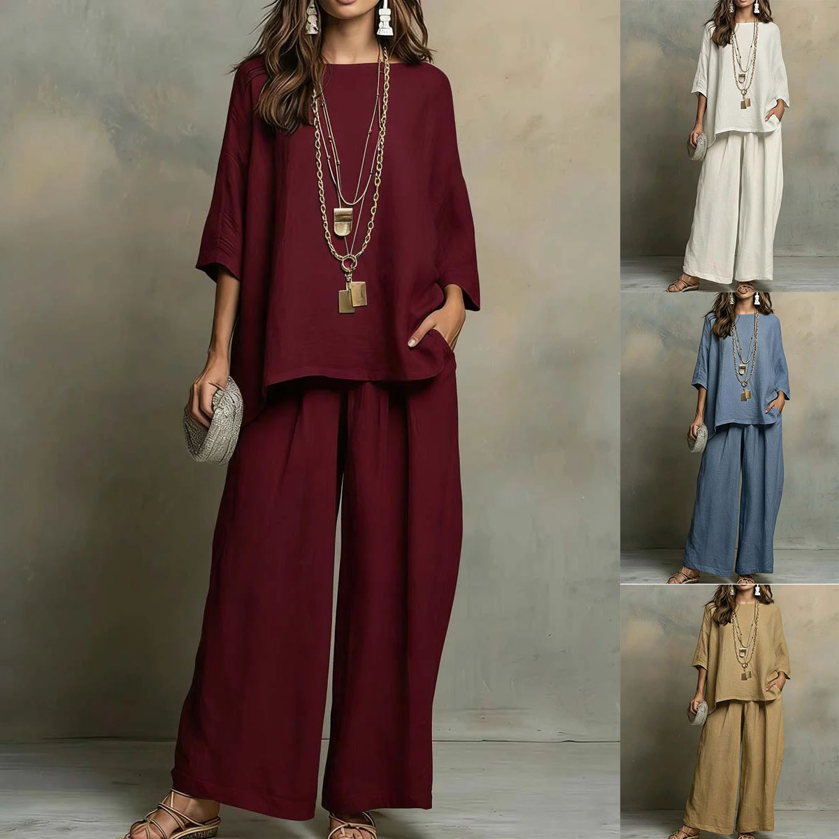 Women's Cotton-Linen Blend Shirt & Wide-Leg Pants Set
