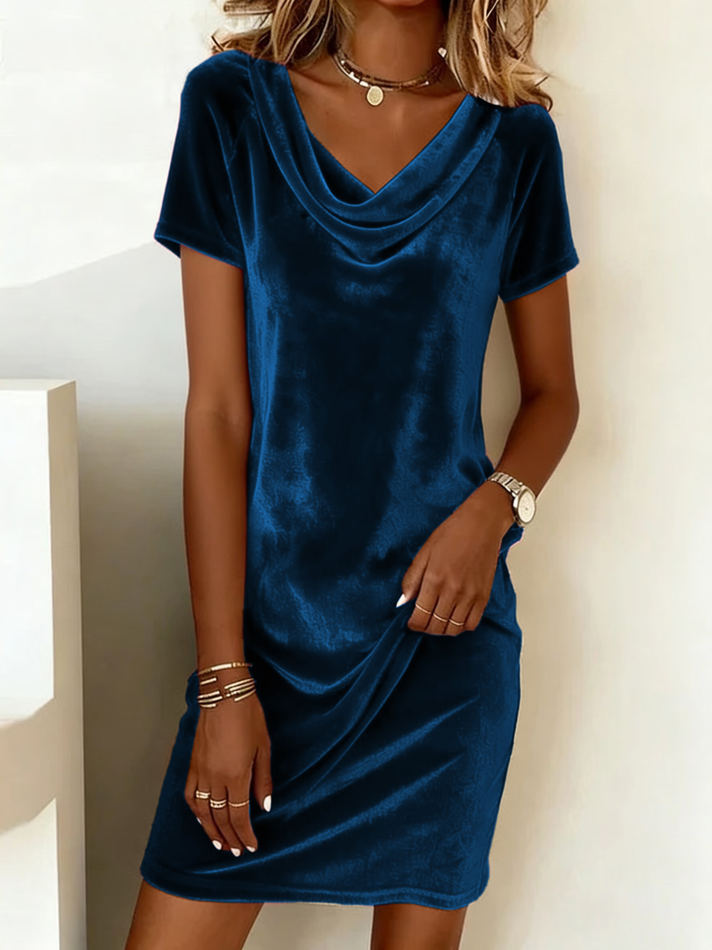 Women's Cowl Neck Velvet Midi Dress Slim Fit Elegant