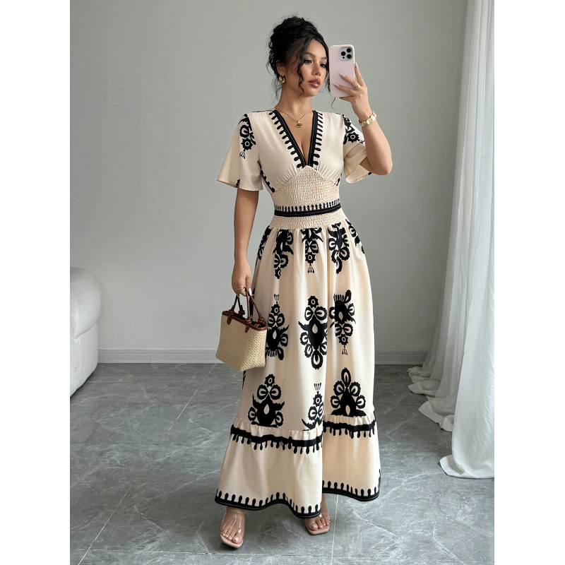 V-Neck Floral Print Ruched Waist A-Line Long Dress