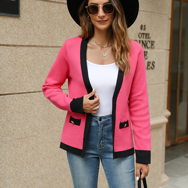 French-Style Colorblock V-Neck Knit Cardigan Jacket