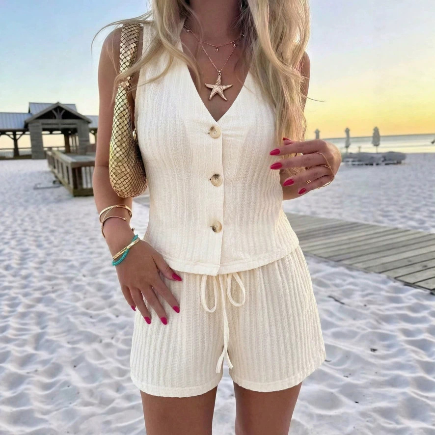 Women's Sleeveless V-Neck Button Two-Piece Set