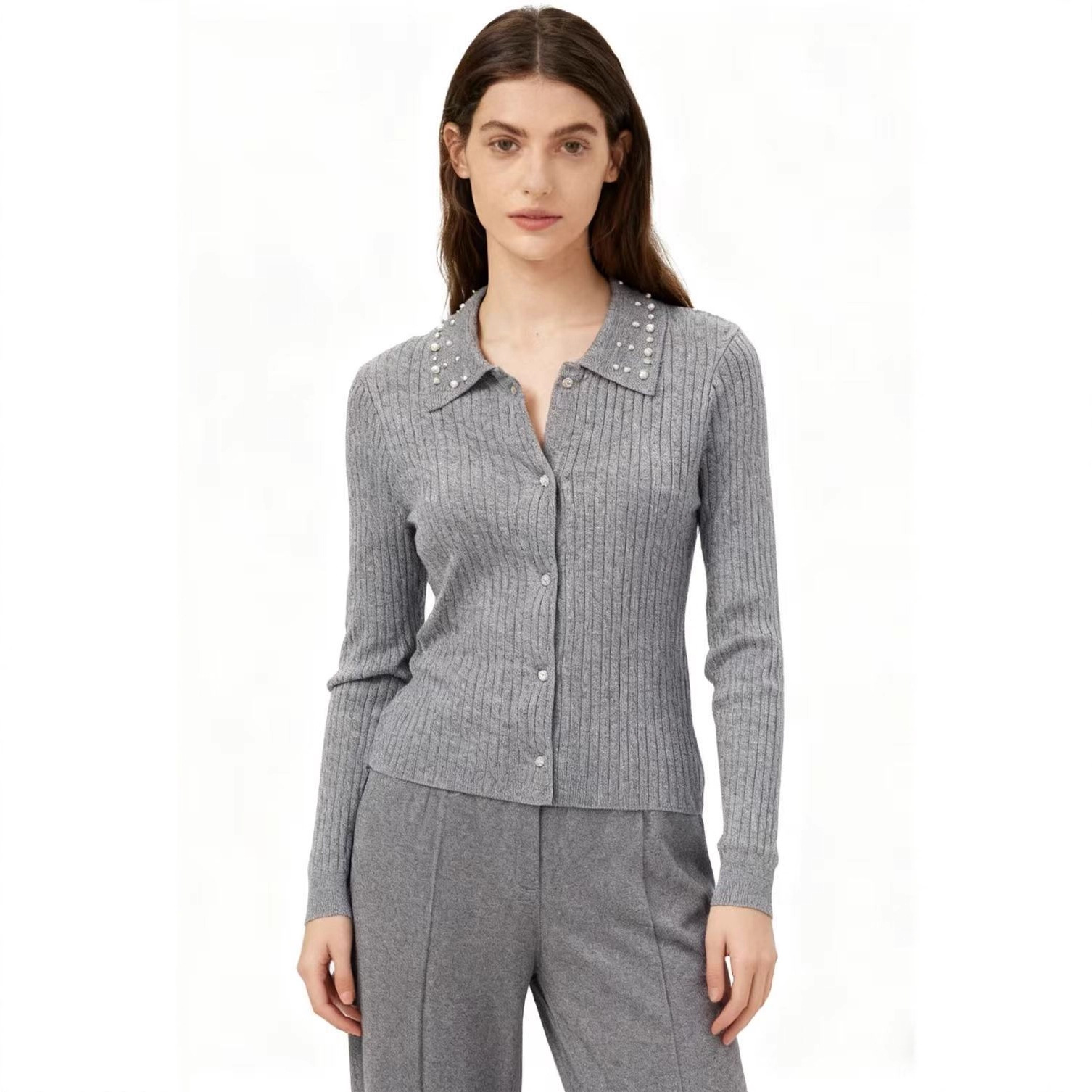 Women's Beaded Collar Knit Cardigan