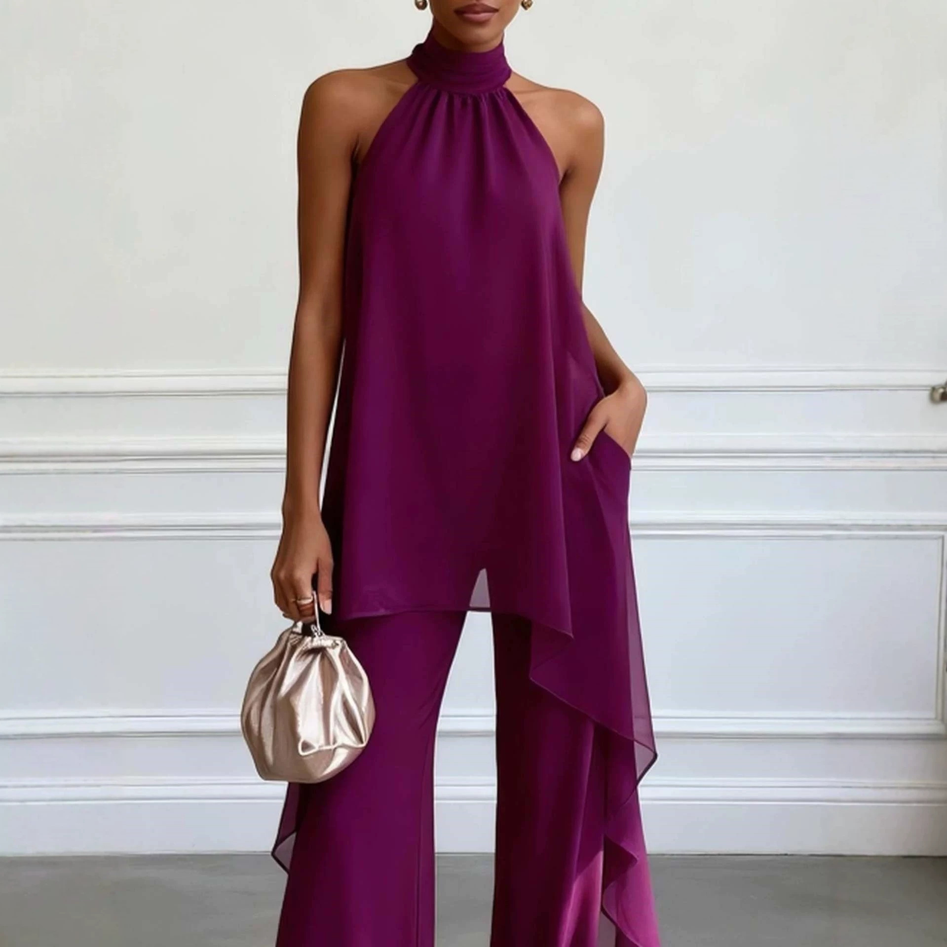 Women's Sleeveless Halter Chiffon Two-Piece Set Solid Color
