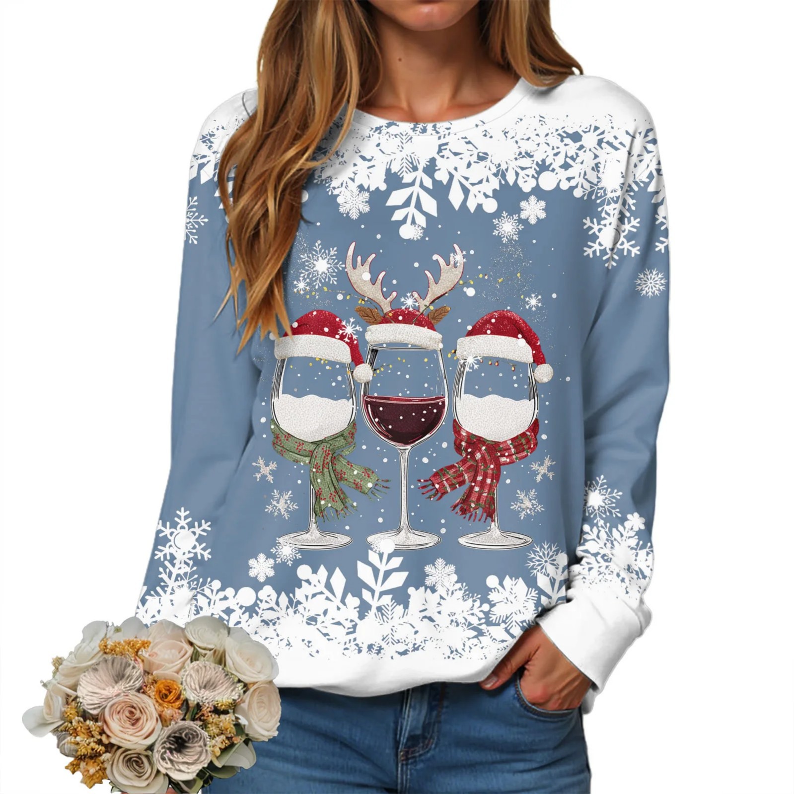 Women's Christmas Hat Wine Glass Snowflake Print Crewneck Sweatshirt