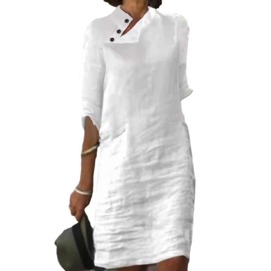 Women's Cotton Linen Button Front Stand Collar Midi Dress