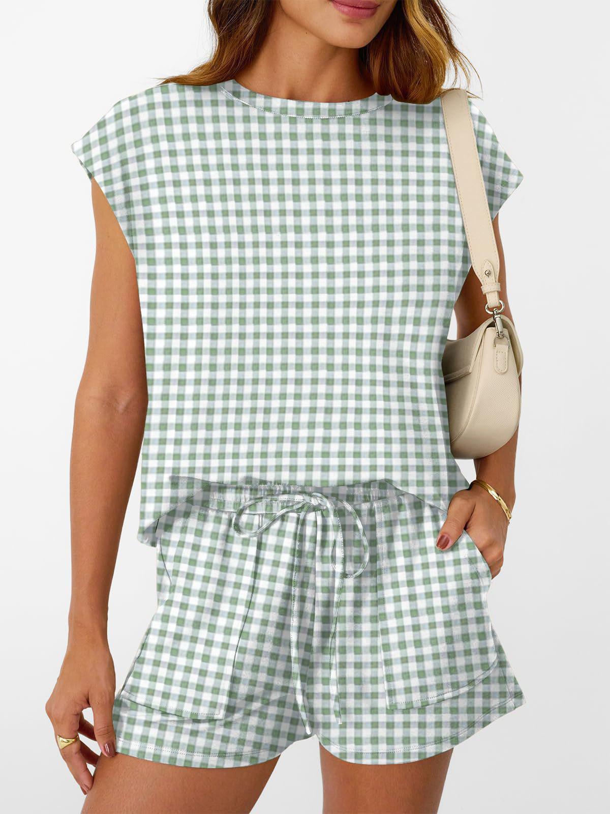 Plaid Sleeveless T-Shirt & Drawstring Shorts Set