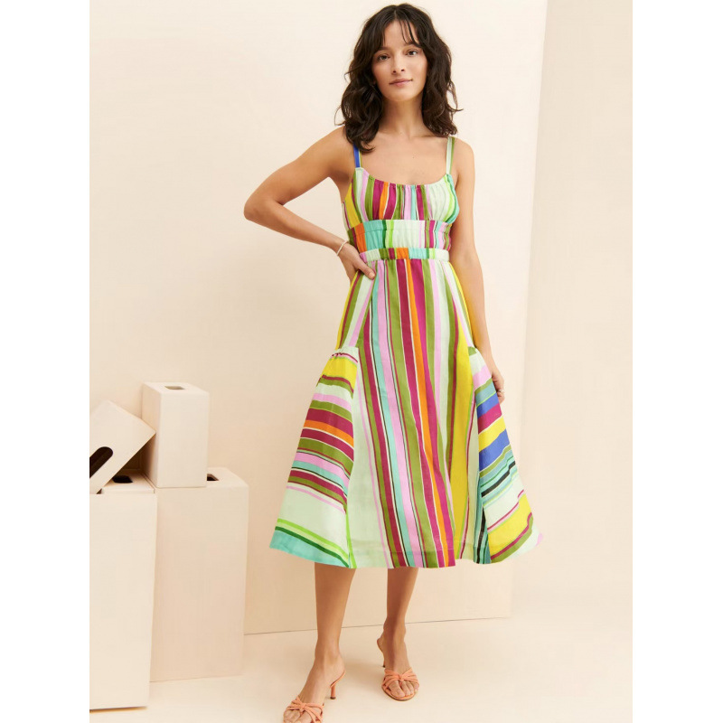 Colorful Striped Cami Dress Boho Back Cutout Fringe Tie Pocket Maxi
