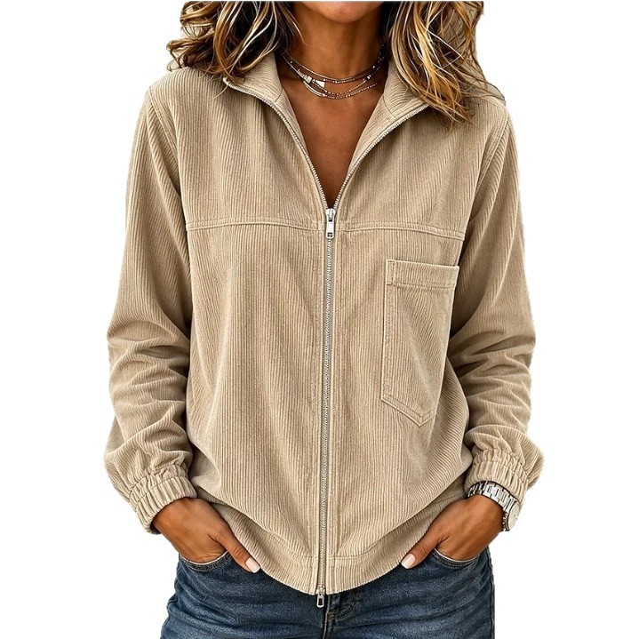 Women's Solid Corduroy Hooded Jacket Minimalist Zip-Up Coat