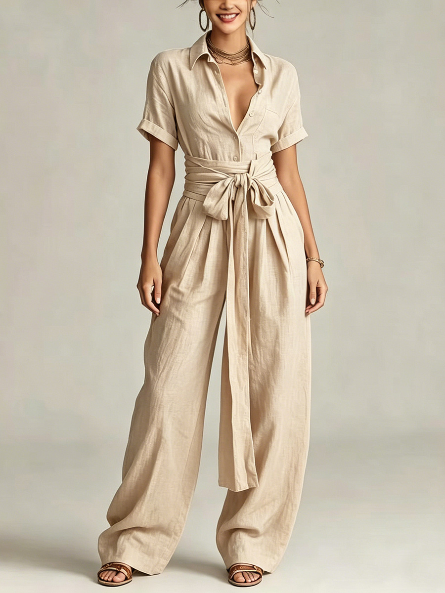 Women's Solid High-Waist Short-Sleeve Jumpsuit Casual Loose Straight-Leg