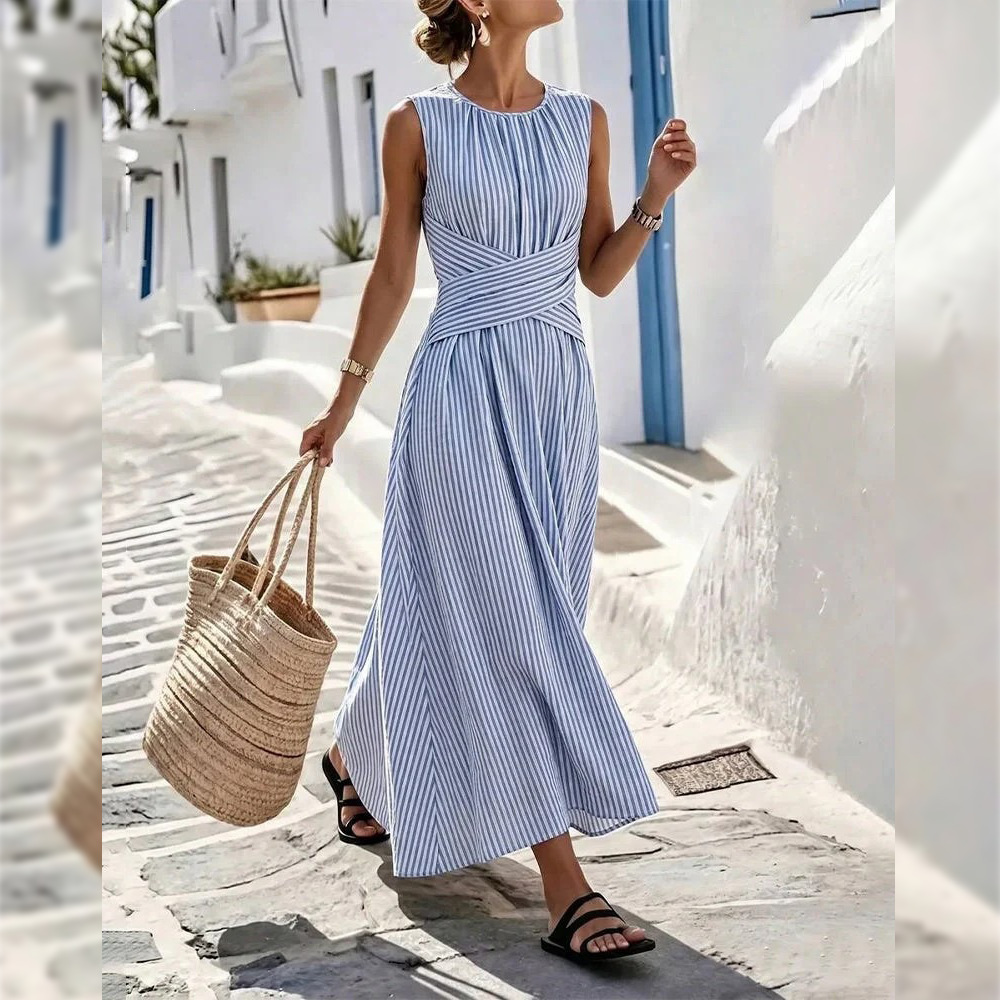 Women's Striped Cross Ruched Long Dress Sleeveless High Waist Casual Vacation