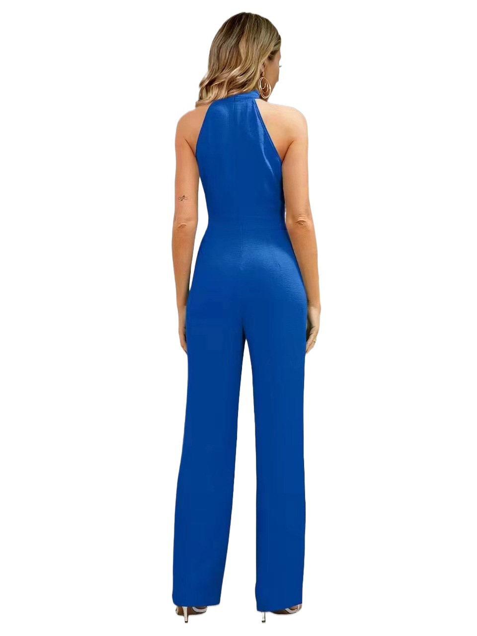 Sexy Slim-Fit Sleeveless Stand-Collar Bow Straight-Leg Jumpsuit