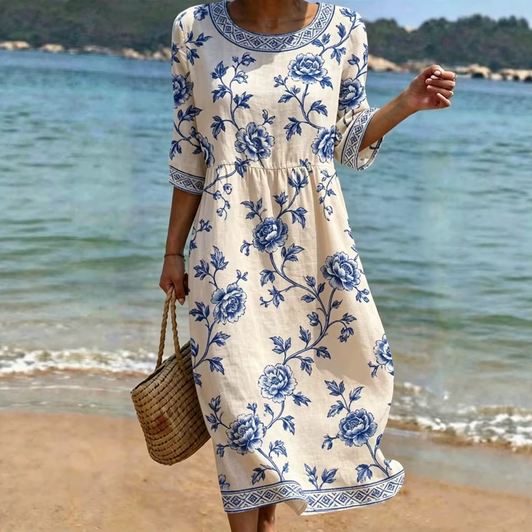 Women's Floral Print Midi Dress Crew Neck Half Sleeve Slim Fit Casual