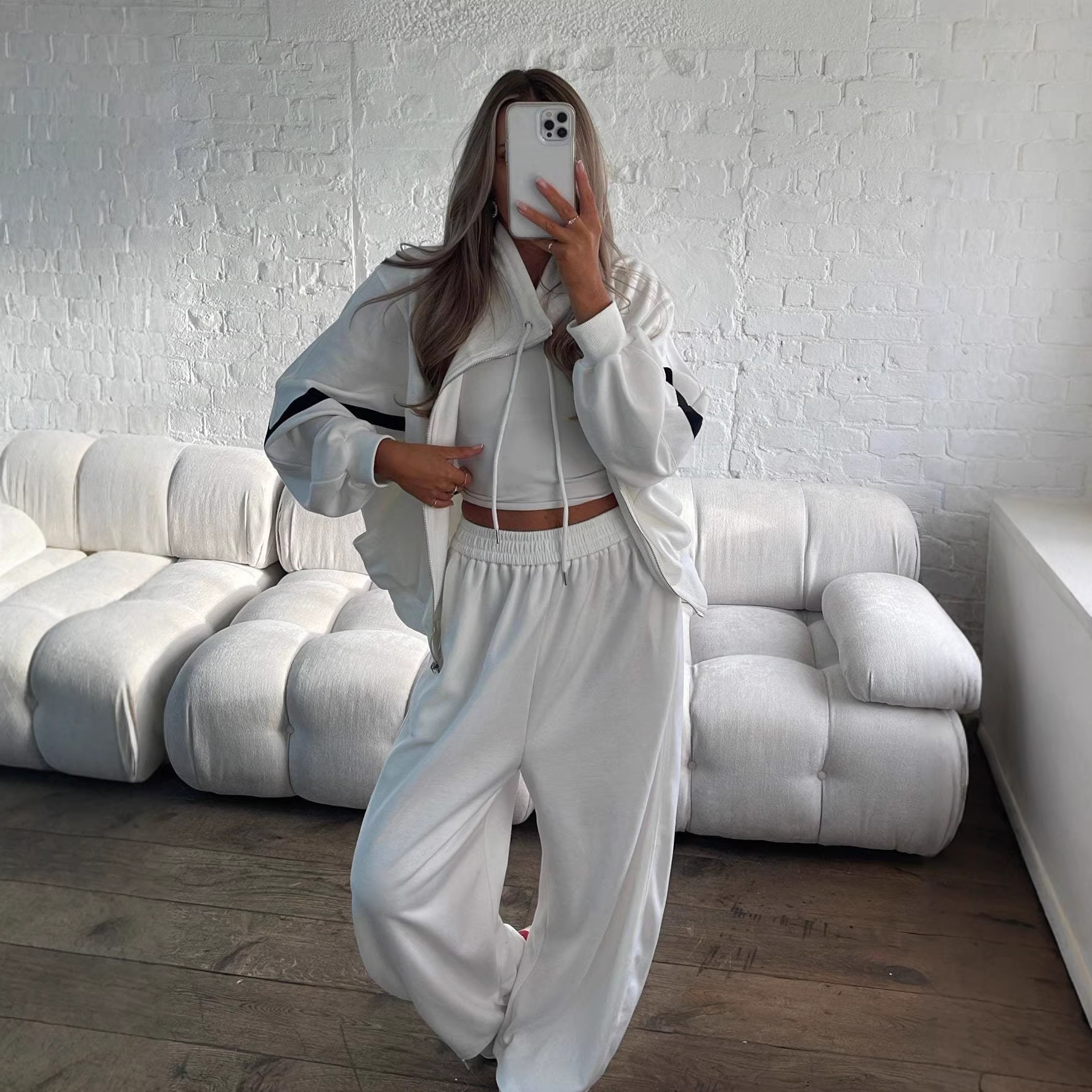 Women's Long Sleeve Casual Two-Piece Pant Set with Colorblock Detail