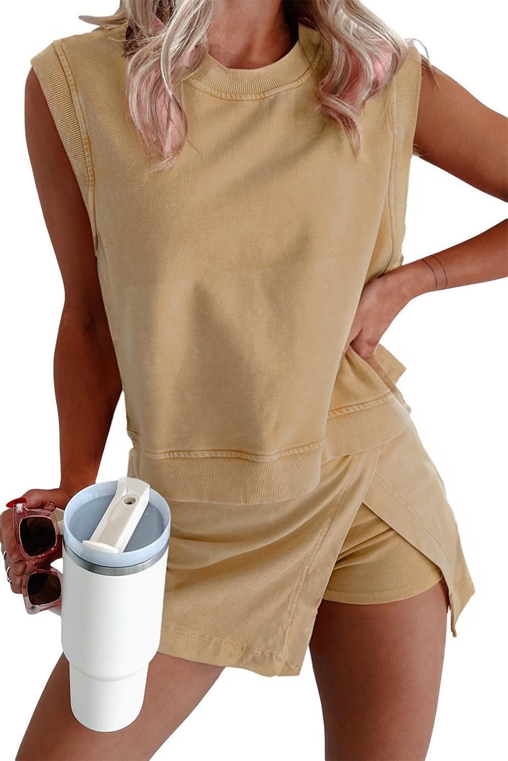 Women's Solid Sleeveless Top and Shorts Two-Piece Set