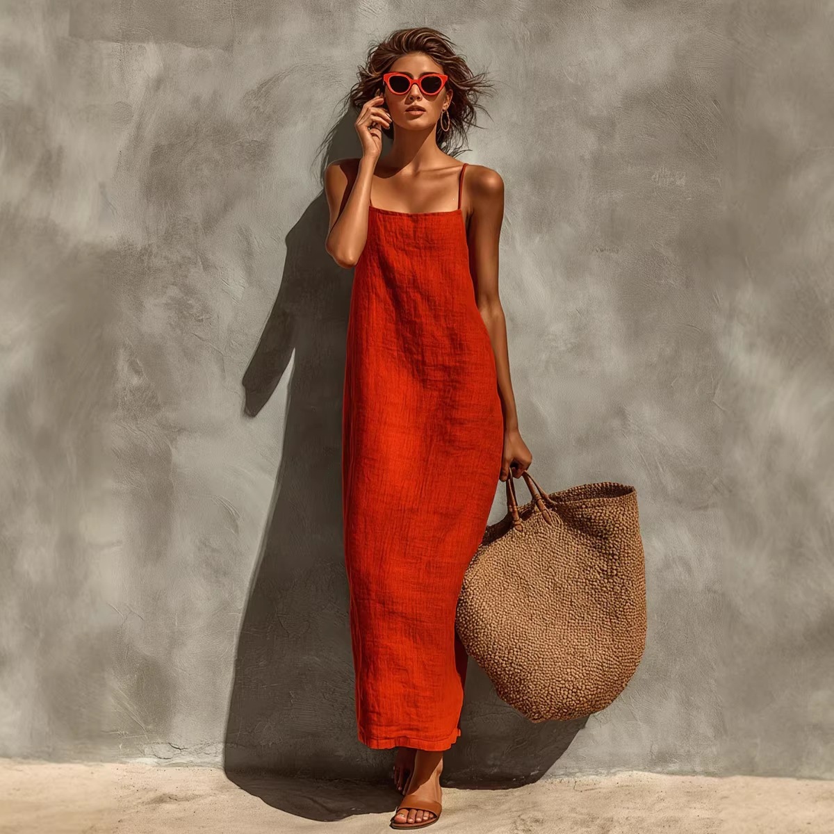 Women's Solid Color Sleeveless Midi Dress Casual Loose Fit