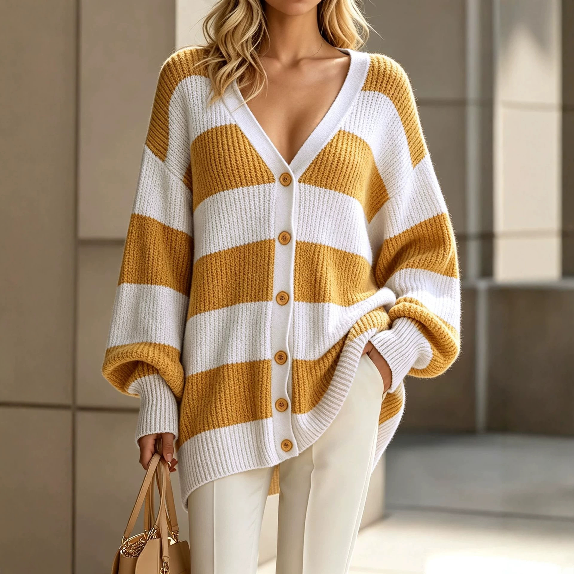 Women's Striped Knit Button-Front Cardigan Sweater