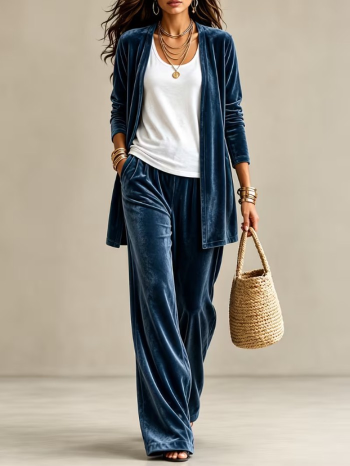 Women's 2-Piece Lounge Set: Solid Long Cardigan & High-Waist Wide-Leg Pants