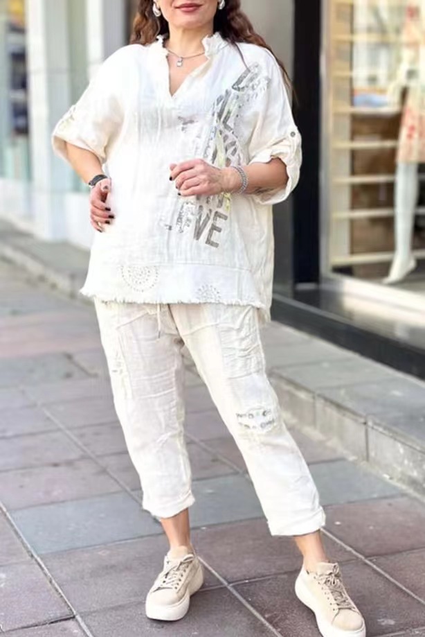 Letter Print Half-Sleeve Long Pants Loose Two-Piece Set