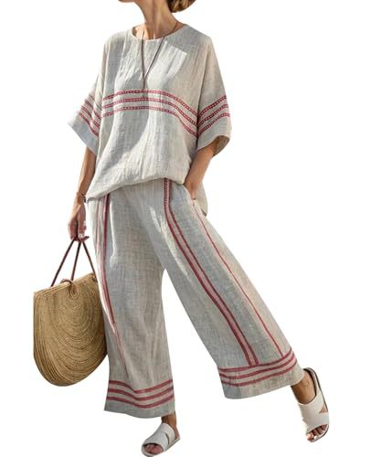 Women's Striped Print Crewneck 3/4 Sleeve Top & Pants Casual Set