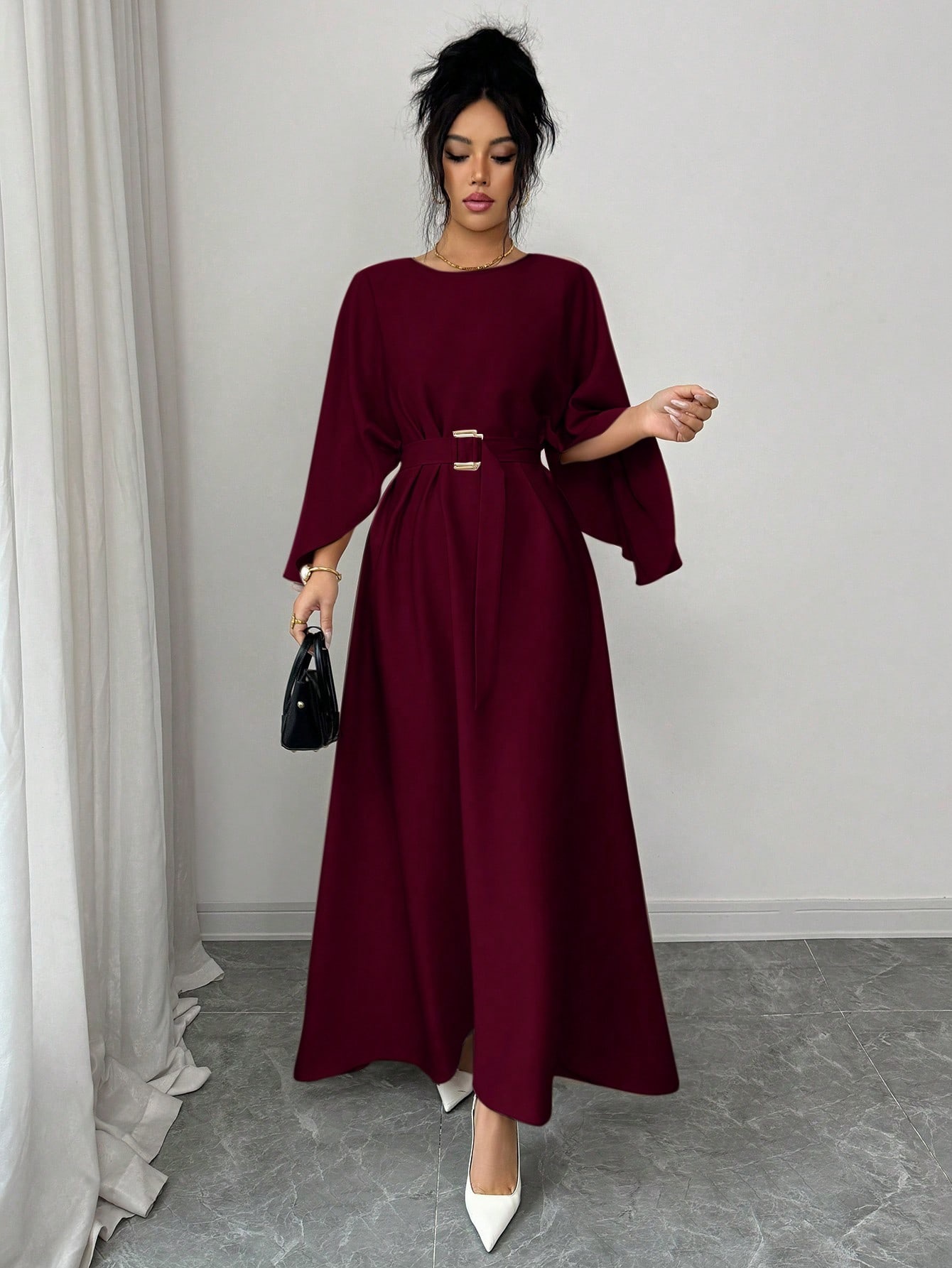 Women's Round Neck Tie-Waist Long Dress with Batwing Sleeves Solid Color