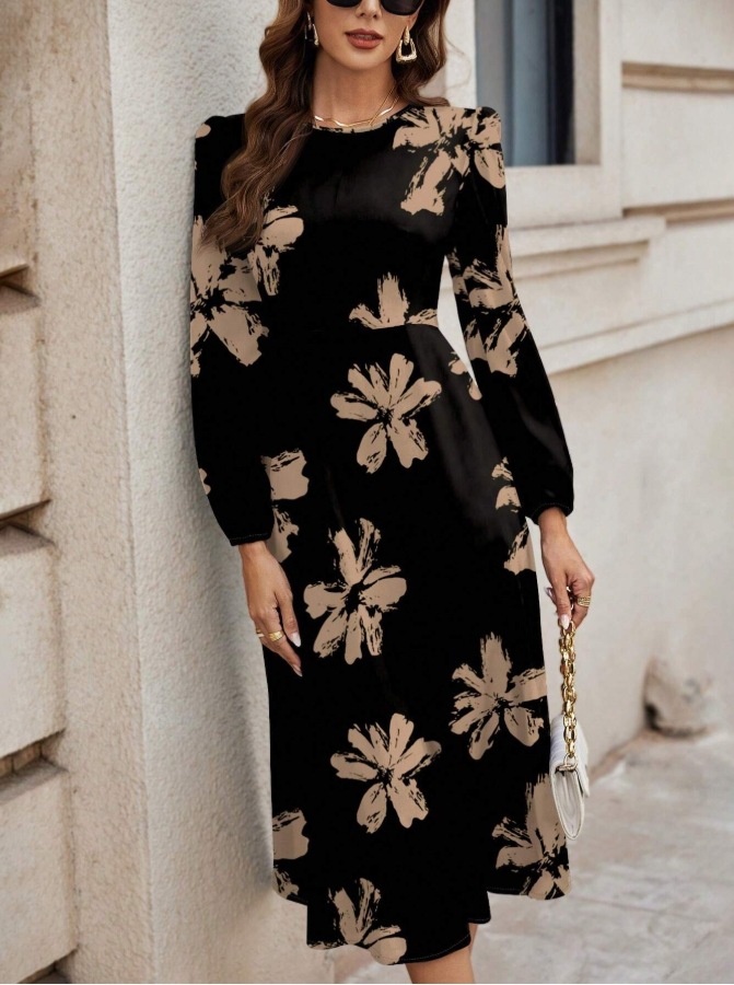 Floral Print Knit A-Line Long Dress Crew Neck Long Sleeve