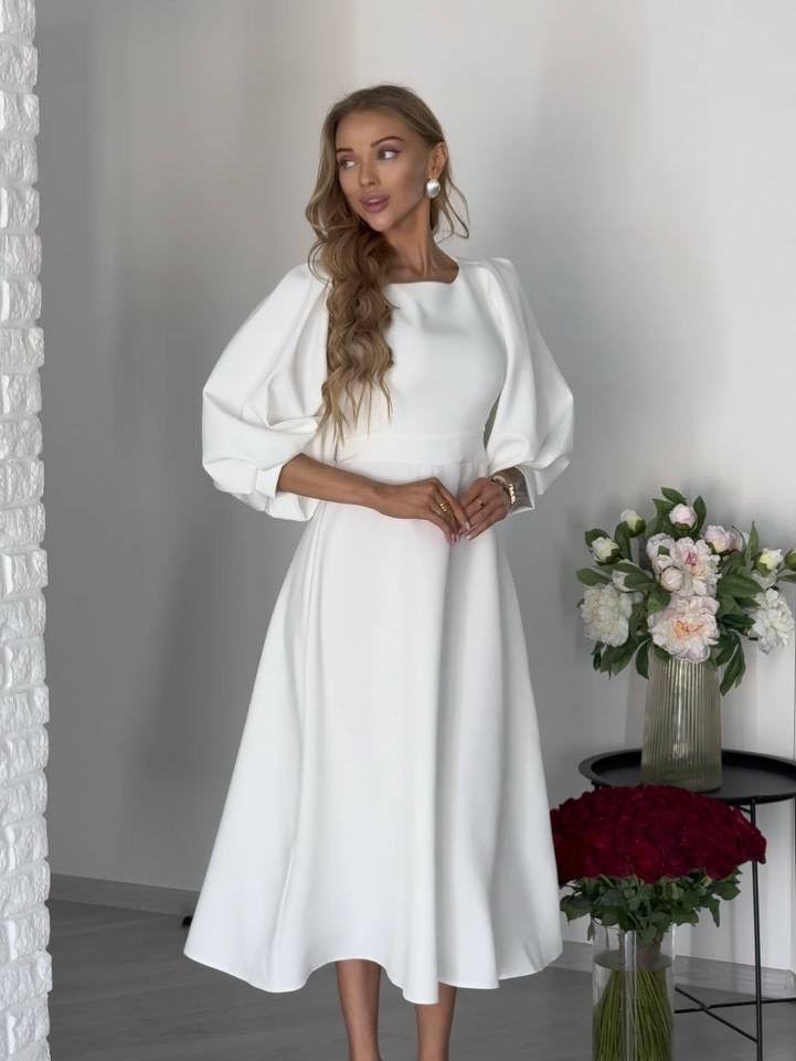 Solid Open-Back Lantern Sleeve Tie-Waist Long Dress